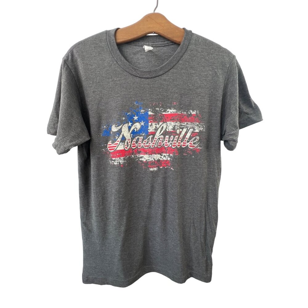 Nashville Graphic T-Shirt Small Gray Patriotic Flag Print Distressed Cotton Blen